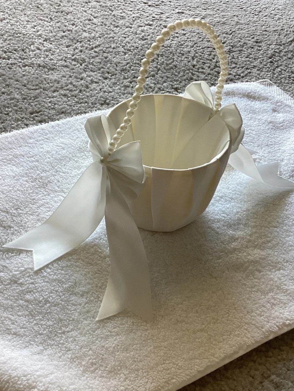 Ivory Satin Flower Girl Basket with Pearl Handle